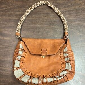 GRYSON Tan Leather Beige Canvas Saddle Bag Purse Shoulder Bag